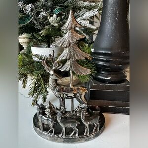 International Silver Company Vintage Solid Reindeer Family Candle Holder 10"H.
